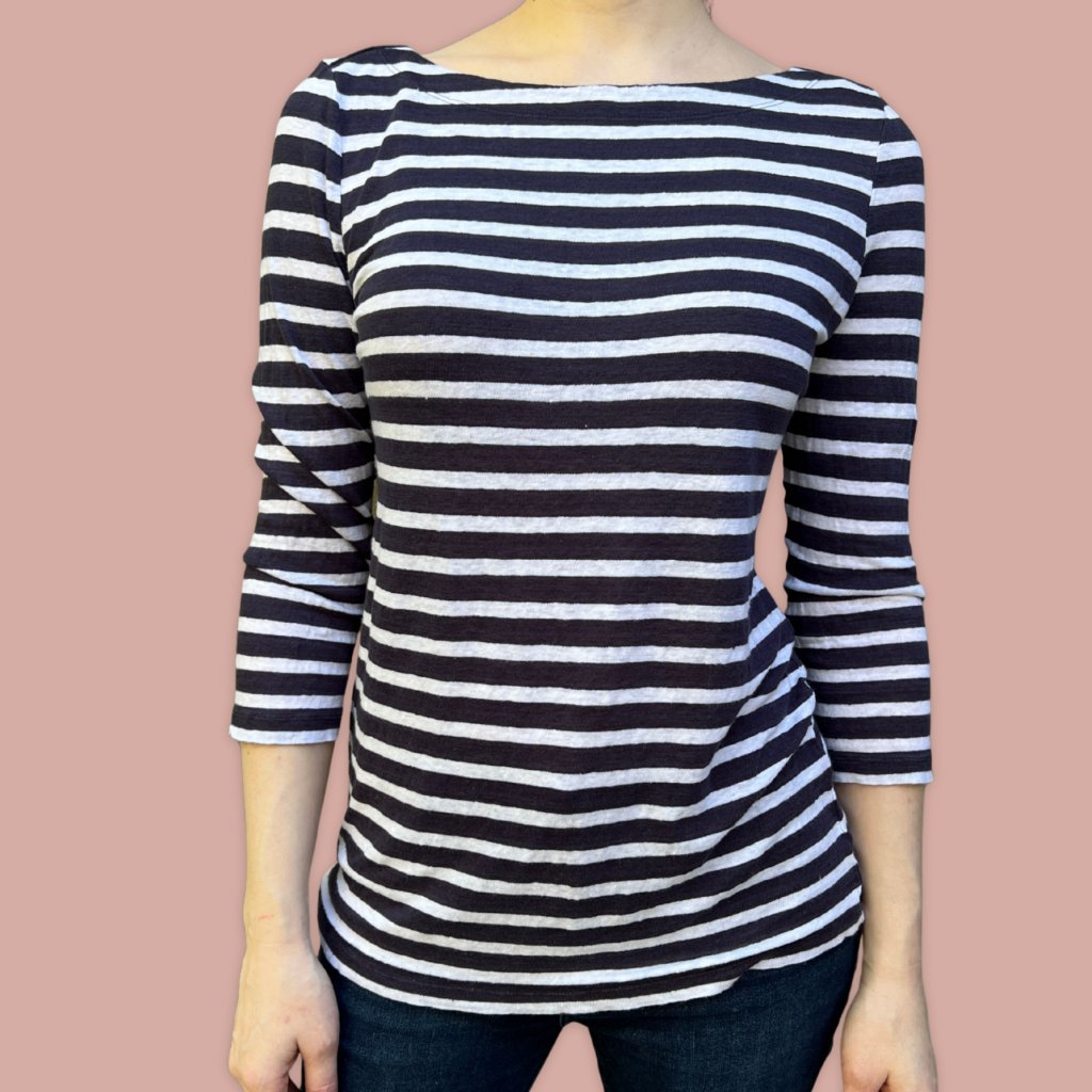 Tory Burch Navy White Striped Linen Boatneck Top 3/4 Sleeve Size L